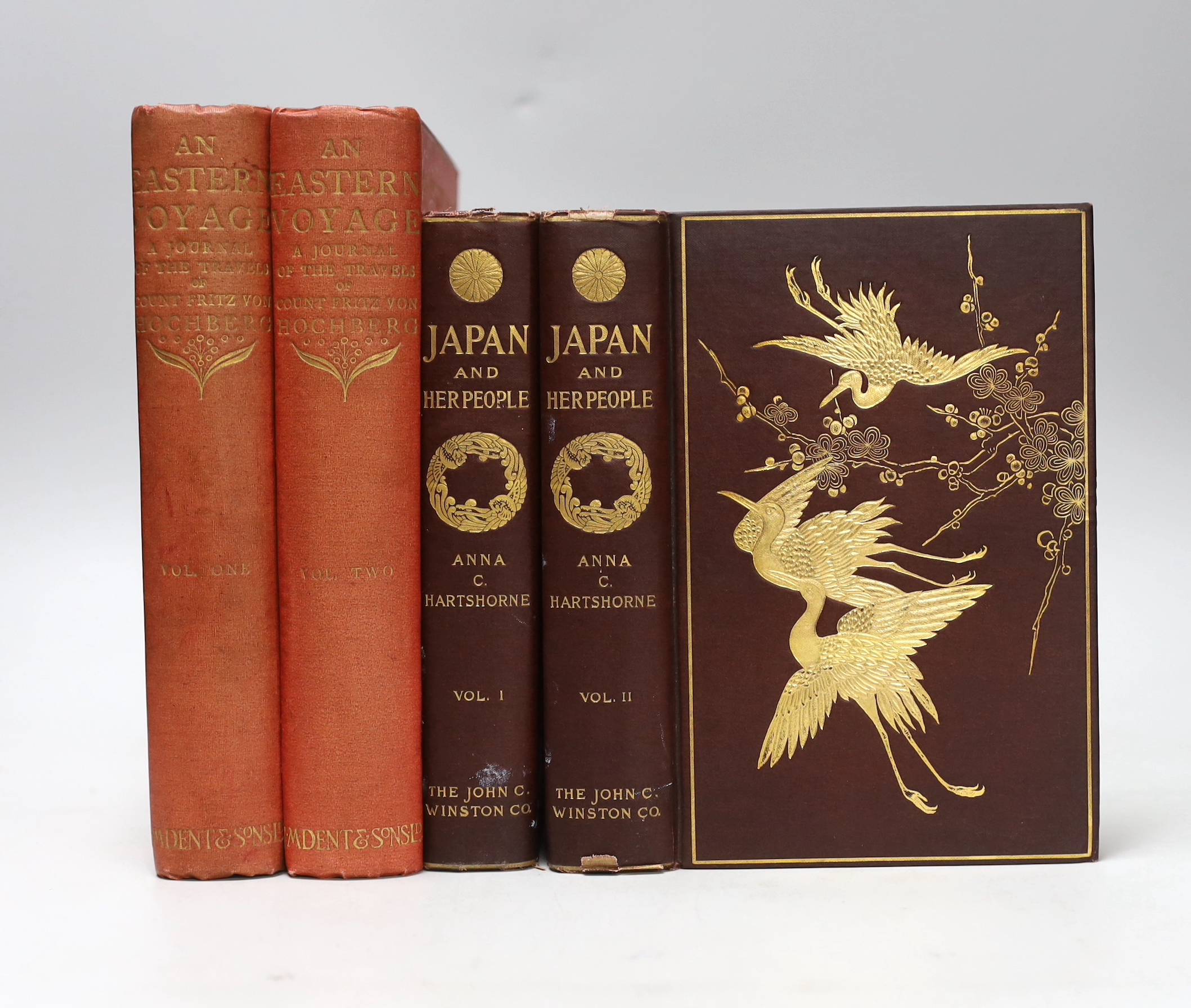 Hartshorne, Anna C. - Japan and Her People. 2 vols. 50 plates and a coloured, folded map; publisher's gilt pictorial cloth with gilt tops. Philadelphia, 1902; Hochberg, Count Fritz - An Eastern Voyage: a journal of trave